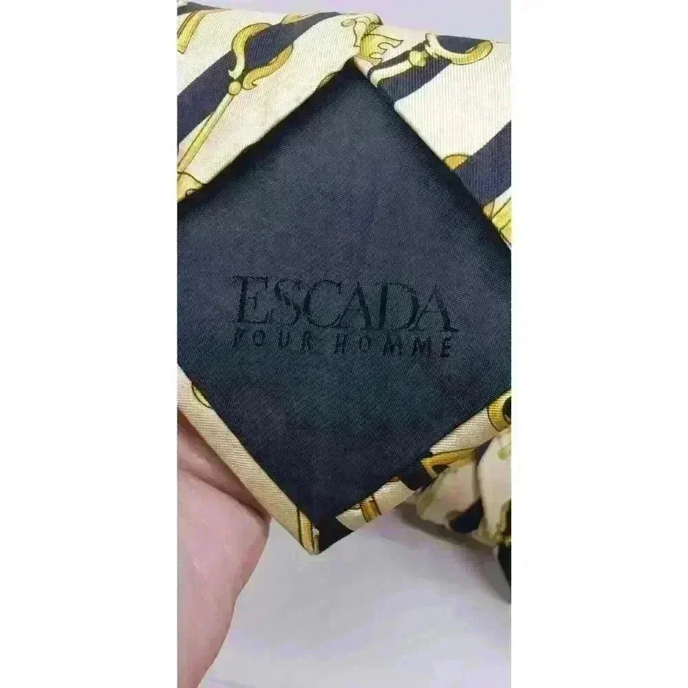 Vintage ESCADA Necktie Key To Success Gold & Black Stripe Made Italy 100% Silk